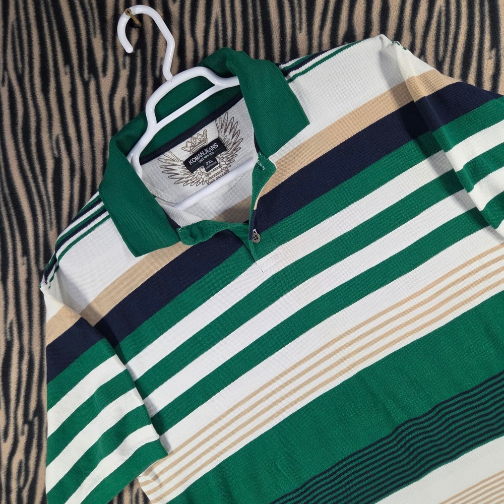 Vintage Koman Jeans Striped Polo Shirt Mens 2XL Green White 90s Y2K Oversized